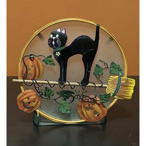 Kathy Hatch Halloween Black Cat On Broom Metal Glass Tealight Candle Holder
